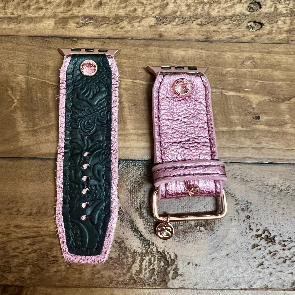 Women's Pink Metallic Leather Watch Band with Black Embossed Inlay